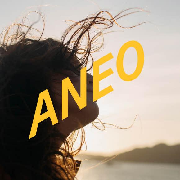 En person med langt hår som blåser i vinden, Aneo-logoen er foran